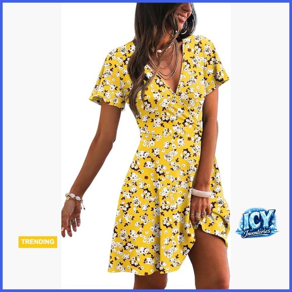 Wrap V-Neck A-Line Dress with Ruffle Sleeves, Polyester Blend